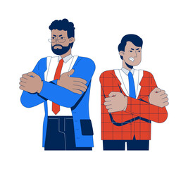 Two adversarial angry lawyers with arms crossed 2D cartoon characters. Workplace conflict. Professional clash partners coworkers flat vector people isolated on white. Spot illustration colorful