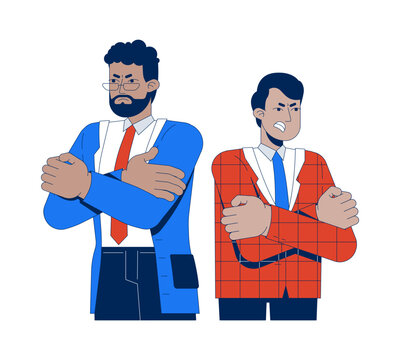 Two adversarial angry lawyers with arms crossed 2D cartoon characters. Workplace conflict. Professional clash partners coworkers flat vector people isolated on white. Spot illustration colorful