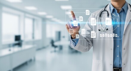 Doctor interacting with digital medical data flow chart on transparent screen technology