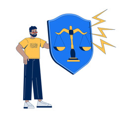 Black man holding legal shield with justice symbol and lightning bolts 2D cartoon character. Rights protection. Power of law. Adult flat vector person isolated on white. Spot illustration colorful