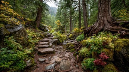 Fototapeta premium Lush Forest Path Winding Through Moss-Covered Rocks and Ancient Trees
