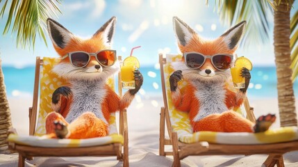Foxes Relaxing on Beach Vacation
