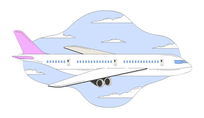 Airplane flying through blue sky and clouds doodle cartoon illustration. Passenger jet soaring. Air travel. Plane flight 2D flat scene isolated on white. Doodleart hand-drawn drawing colorful