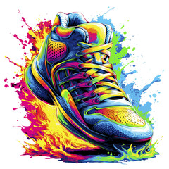 Energetic Sneaker Explosion: Colorful Paint Splatter Art