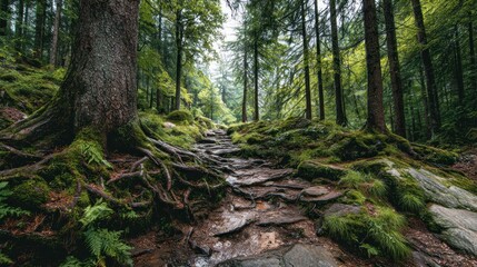 Tranquil forest trail with ancient tree roots and vibrant green moss