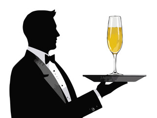 Vector art of silhouette of a waiter in a tuxedo holding a tray with a glass of champagne