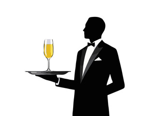 Vector art of elegant waiter in tuxedo holding a tray with a champagne flute filled with bubbly drink