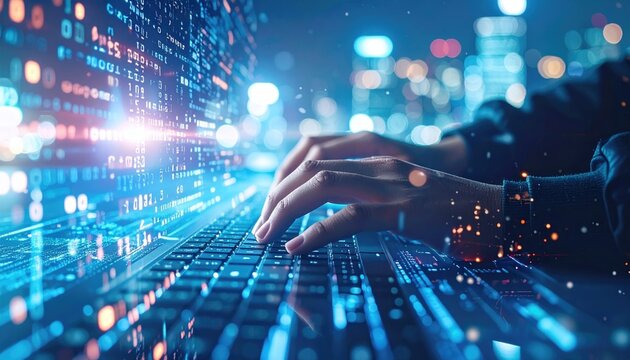 Hands type on a laptop, immersed in bright, digital data streams. Glowing city lights blur in the background, giving a sense of connection