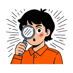 Vector art of a surprised boy with black hair, wearing an orange shirt, holds a magnifying glass to his eye, with radiating lines behind him