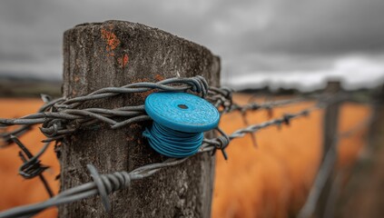 Rusty wooden post, blue spool, barbed wire