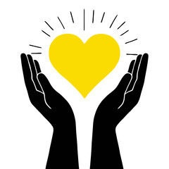 Vector art of two black hands holding a glowing yellow heart with radiating lines