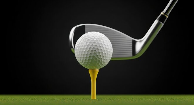 Golf club about to strike white golf ball on yellow tee on green grass dark background image - Powered by Adobe