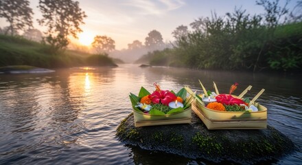 Obraz premium Balinese offerings floating on river at sunrise symbolizing gratitude and reverence