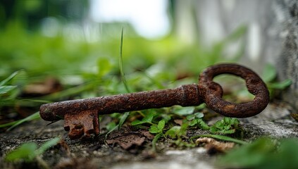 Rusty antique key nestled in overgrown grass