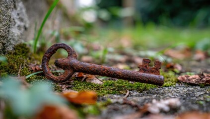 Rusty key rests in mossy earth