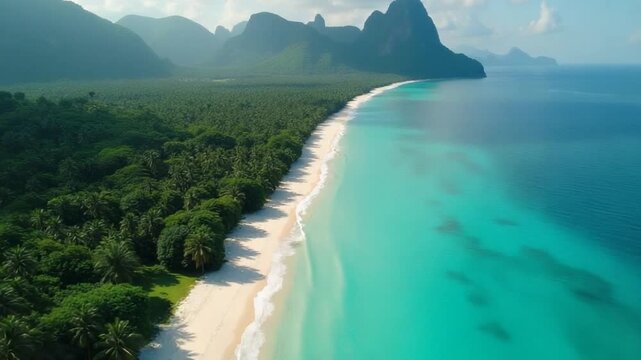 Scenic aerial drone footage of untouched beaches and vast jungles in Asia