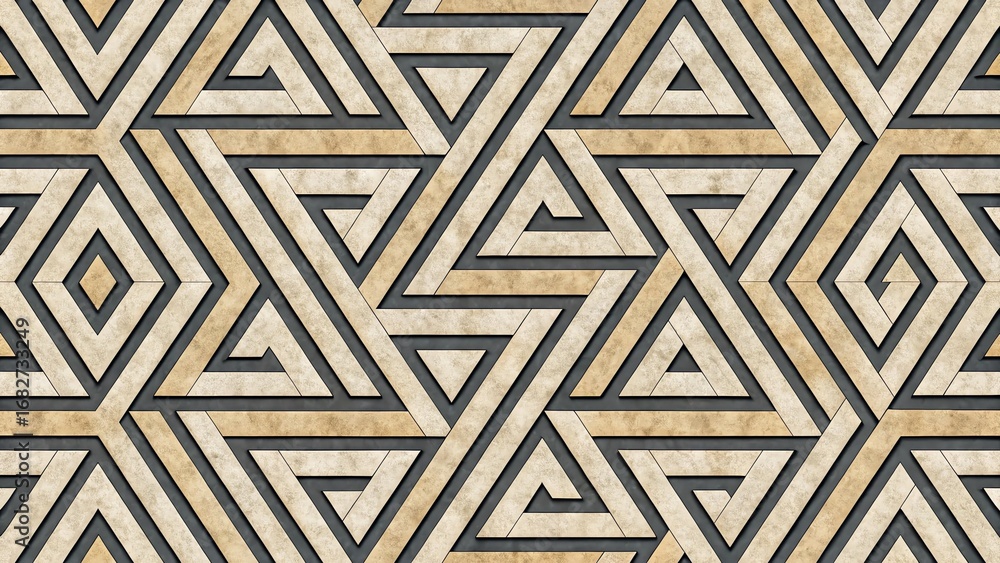 Poster intricate geometric pattern with interlocking triangles and diamonds in a textured aged stone or woo
