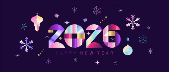 Merry Christmas and Happy New Year 2026 art holiday abstract background template neon gradient  bauhaus design with Gifts, ball toy, christmas tree, snowflake, garland Modern  vector illustration