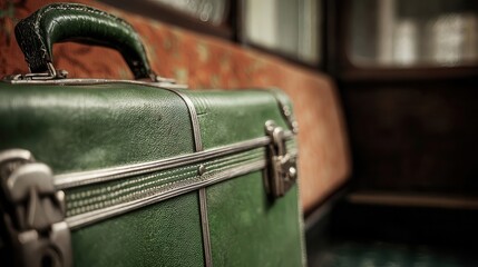 Close-up of a vintage, emerald green suitcase.