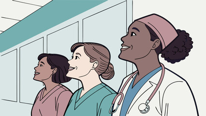Optimistic Diverse Female Healthcare Professionals Smiling Upward in Modern Clinic Corridor Illustration