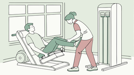 Physical Therapy Session: Patient Exercising on Leg Press Machine with Professional Therapist Assistance for Rehabilitation and Recovery