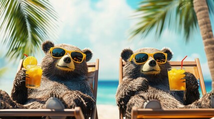 Two bears relaxing on beach with tropical drinks
