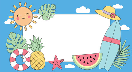 Adobe Illustrator artwork flat style illustration of summer frame with pineapple, watermelon, surfboard, sun, lifebuoy, starfish, and tropical leaves, perfect for holiday invitations, posters