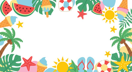 Adobe Illustrator artwork flat style illustration of summer frame with watermelon, ice cream, sun, palm trees, starfish, lifebuoys, and flip flops, perfect for holiday posters, party invitations