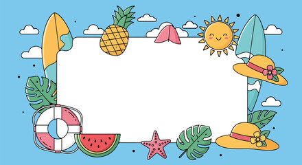 Adobe Illustrator artwork flat style illustration of summer frame with pineapple, watermelon, surfboard, sun, lifebuoy, starfish, and tropical leaves, perfect for holiday invitations, posters