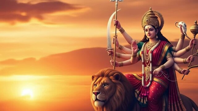 Divine maa durga the powerful hindu goddess seated majestically on her lion representing courage and spiritual devotion during navratri puja