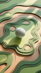 Layered paper-cut abstract golf course around a white sphere; pastel greens and sandy tones, tactile shadows, soft light, serene, no people, text, or logos.