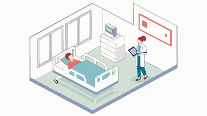 Isometric Illustration of Doctor Consulting Patient in Hospital Room, Modern Healthcare and Medical Treatment Concept