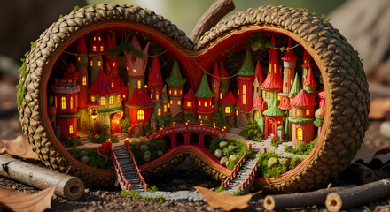 Obraz premium Intricate miniature fantasy world with a glowing whimsical village nestled inside a split autumn acorn
