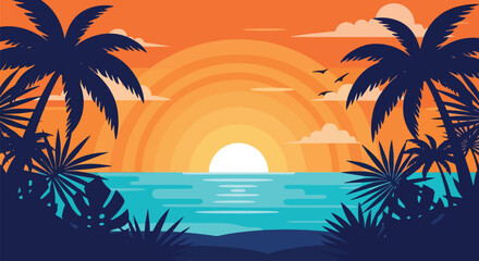 Adobe Illustrator artwork flat style illustration of tropical beach sunset with palm tree silhouettes, ocean waves, and orange sky, perfect for vacation posters, travel ads, and summer backgrounds