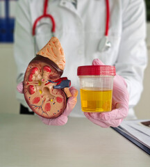 Medical professional demonstrates kidney model alongside urine sample