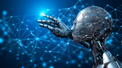 Robot Hand and Transparent Head with Neural Network Background