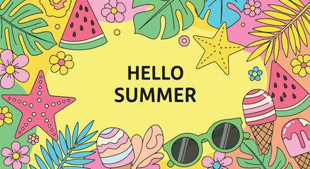 Adobe Illustrator artwork flat style illustration of tropical summer background with watermelon, ice cream, sunglasses, flowers, palm leaves, and starfish surrounding Hello Summer text for seasonal