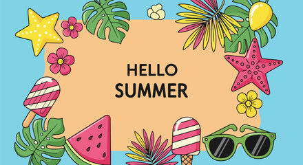 Adobe Illustrator artwork flat style illustration of tropical summer background with watermelon, ice cream, sunglasses, flowers, palm leaves, and starfish surrounding Hello Summer text for seasonal