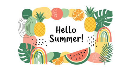 Adobe Illustrator artwork flat style illustration of tropical summer frame with pineapple, watermelon, orange slices, palm leaves, and rainbow shapes surrounding Hello Summer text for seasonal designs