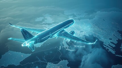 Fototapeta premium A futuristic airplane flying over a map of Europe with glowing blue lights.