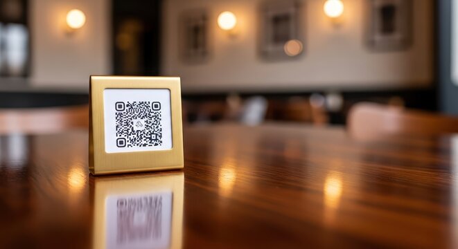 Golden QR code stand shines on polished wood table in a blurred restaurant setting
