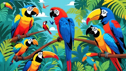 Vibrant Tropical Birds in Lush Rainforest