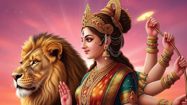 Divine maa durga with majestic lion emblem of strength and protection for navratri puja celebrations and hindu devotion