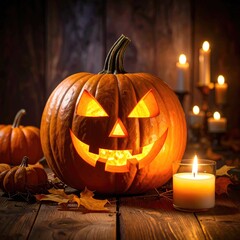 Fototapeta premium Halloween Jack-o'-lantern glows on wood, candles nearby
