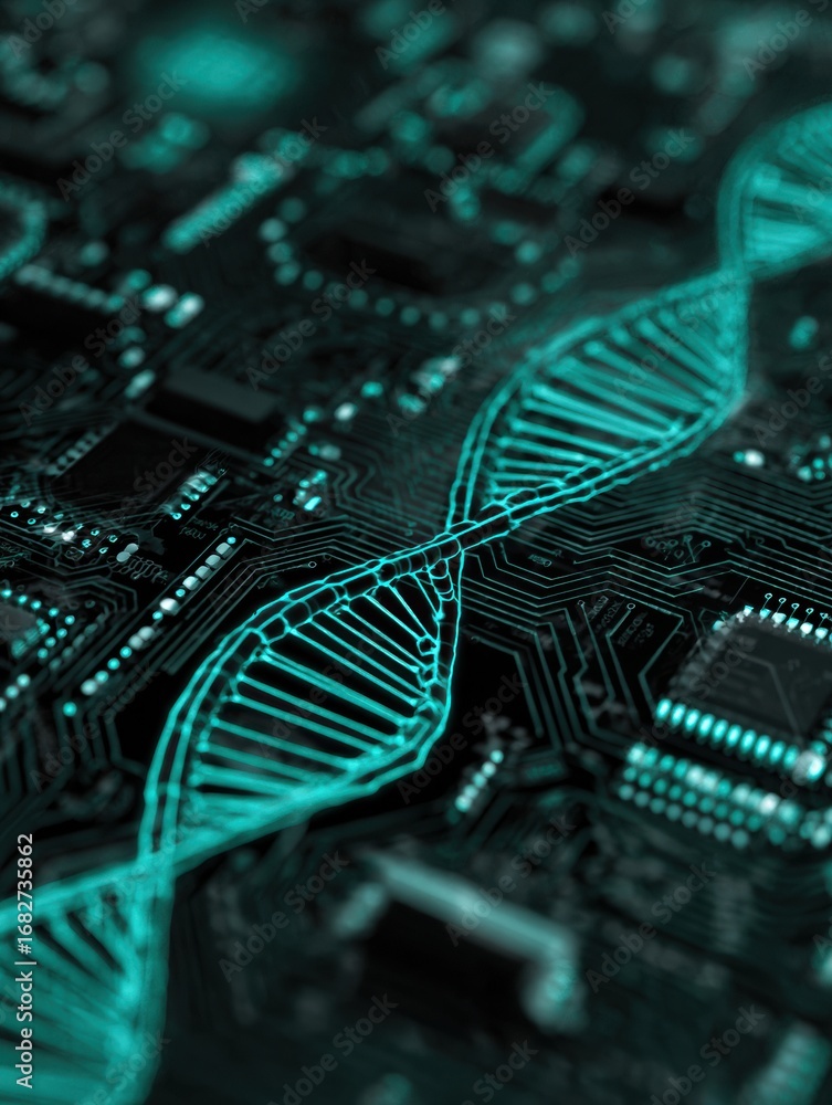 Poster digital representation of dna structure intertwined with circuit board patterns showcasing the fusio