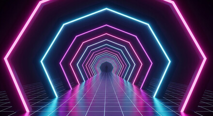 Fototapeta premium Neon Hexagon Tunnel with Abstract Background.