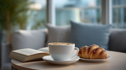 A senior organizes a book club in a campus cafe with novels discussed coffee steaming and pastries crumbling presented in a cozy photo with page textures foam swirls and liter