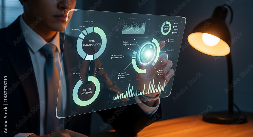 Poster man in suit holding transparent screen displaying data graphs and charts in a dark office space