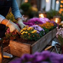 Woman in garden gloves tending colorful fall flowers in a wooden planter box