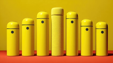 Row of bright yellow cylindrical containers on a red surface